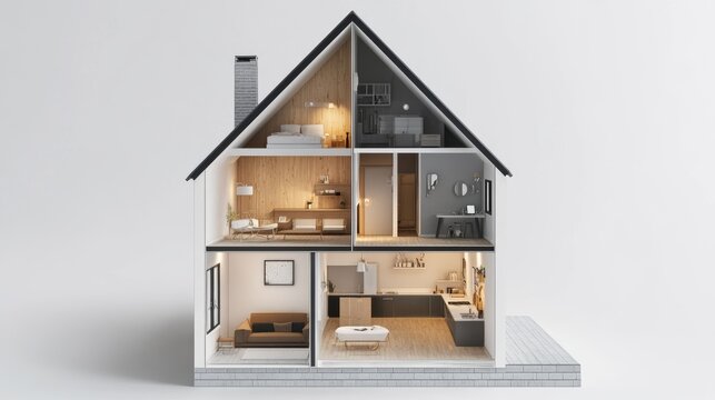 A house design, cut open to show the inside.  This is a 3D image.