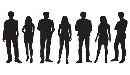 silhouettes of men and a women, a group of standing business people, black color outline isolated on white background in vector design.