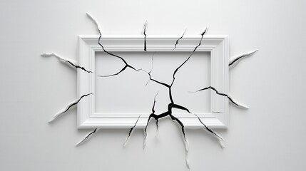 Cracked frame on white wall: surreal art emphasizing fragility and creativity