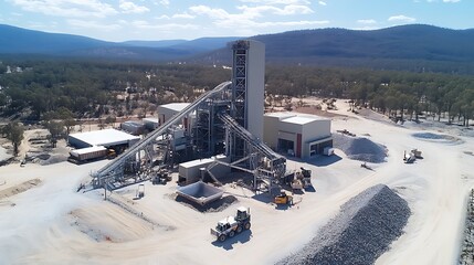 Aerial view of an industrial facility with machinery and materials in a natural landscape.