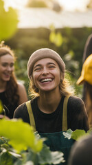 Group of volunteers working together in a community garden, expressions of joy and collaboration, vibrant outdoor setting with sunlight, focus on teamwork and collective impact