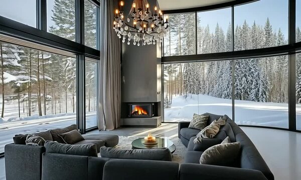 Contemporary chandelier in a futuristic home on a raised ridge, with smart glass and renewable energy sources, showcasing a view of sprawling meadows with grazing wildlife