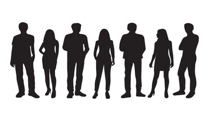 silhouettes of men and a women, a group of standing business people, black color outline isolated on white background in vector design.