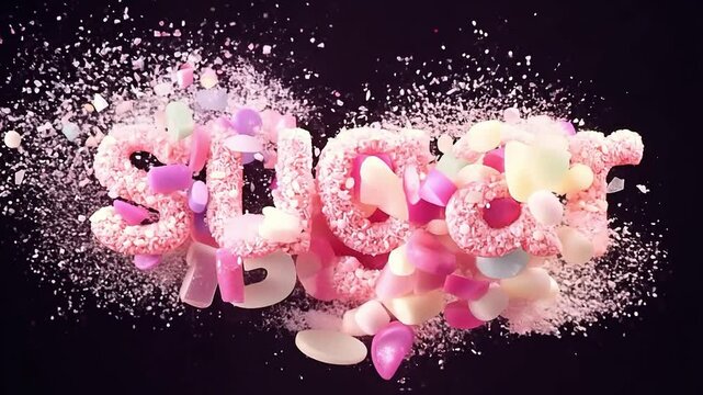 An animated lettering of the word Sugar as a background of an explosion of sweets and particles.