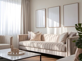 Modern Neutral Living Room: A cozy, modern living room with a large beige velvet sofa, neutral-toned cushions, a marble coffee table , and three blank frames on the wall