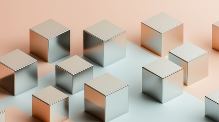 A collection of reflective metallic cubes arranged aesthetically on a soft pastel background, creating a modern visual appeal.