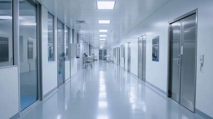 Naklejka premium A sterile hallway in a controlled environment with bright lighting and clean surfaces, emphasizing healthcare and safety protocols