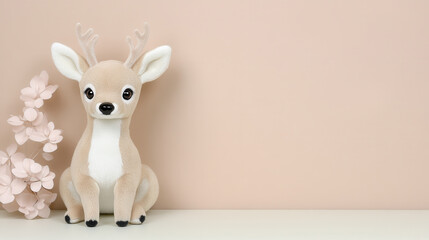 Cute plush deer toy with pastel floral decor against minimalist background