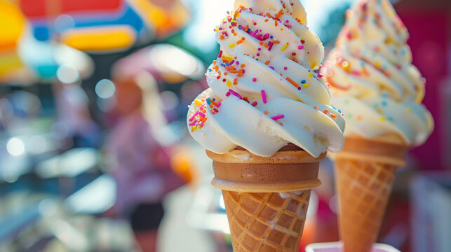 Enjoying delicious ice cream at a Labor Day stand with colorful sprinkles in a festive outdoor setting