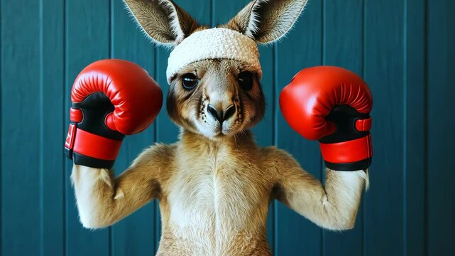 Kangaroo showcasing strength while wearing boxing gloves
