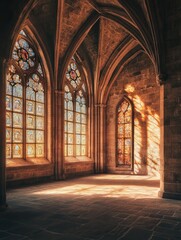 Obraz premium A serene interior of a gothic-style room with stained glass windows casting colorful light.