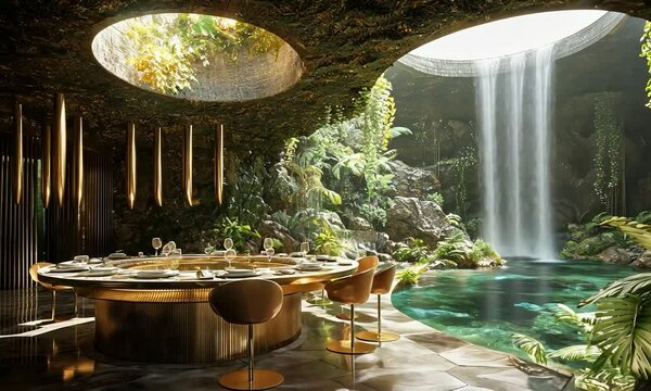Luxurious interior in a villa on the edge of a volcanic crater, with an infinity pool and advanced climate control, offering a panoramic view of a lush tropical rainforest