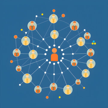 Flat design vector-style image of people in a circle connect through lines to other people in a molecular way that illustrates the principle of network and function-center organizational Generative AI
