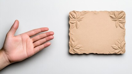 Obraz premium Open hand reaching toward decorative clay sign with leaf motif