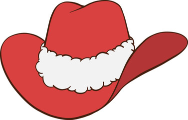 Red Christmas cowboy hat hand drawn illustration with Santa cap white fluffy fur trim