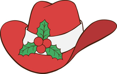Red Christmas cowboy hat hand drawn illustration with holly berries and leaves