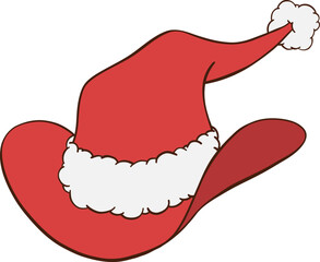 Red Christmas cowboy hat hand drawn illustration with Santa cap white fluffy fur trim and pom pom