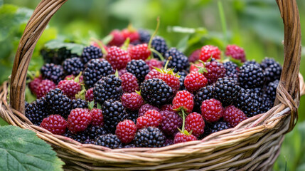 Freshly picked basket of luscious blackberries and raspberries gathered during a sunny afternoon in the countryside