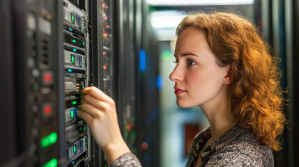 Woman analyzing data in a server room while adjusting connection on a rack-mounted server in a modern facility