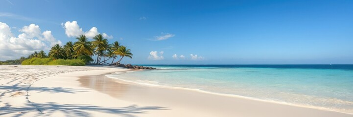 Obraz premium Idyllic sandy tropical beach with lush island backdrop under clear blue skies, peaceful, palm trees