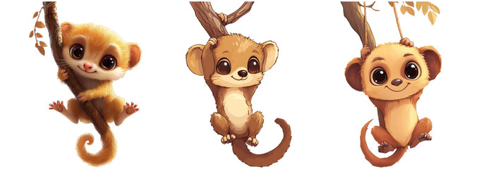 Fototapeta premium Cute Cartoon Animals Hanging on Branches