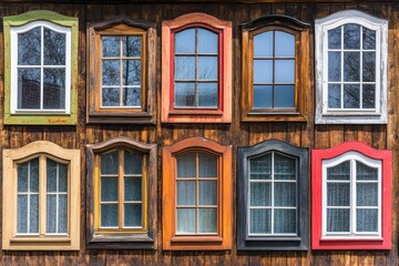 A wall featuring a variety of colorful windows with different shapes and styles.