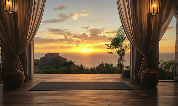 Hollywood Glam yoga room with stylish fixtures, luxurious details, and a view of a vibrant city skyline