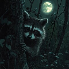 Naklejka premium A curious raccoon peeks from behind a tree under the full moon in a serene forest at night.