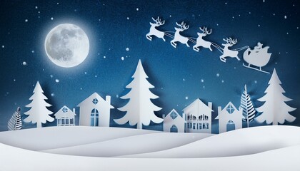 Fototapeta premium Winter landscape with deer paper cut-out and fir trees in snow. Festive horizontal banner with text Merry Christmas, Village and flying santa's sleigh in night sky with stars, snowfall and moon