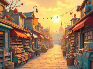 Fototapeta premium Generated digital illustration of stores and shops selling goods and merchandises.