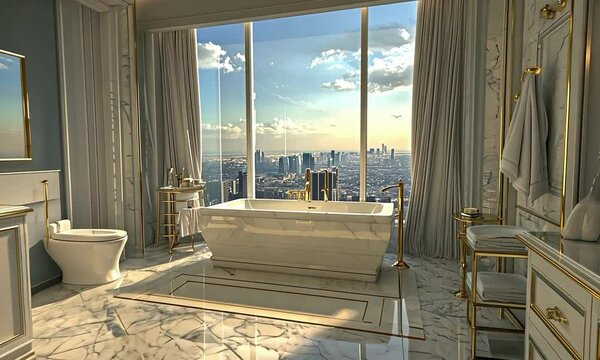Hollywood Glam bathroom with luxurious finishes, opulent details, and a view of a scenic mountain range