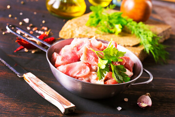 raw meat in metal bowl, meat and herb and spices