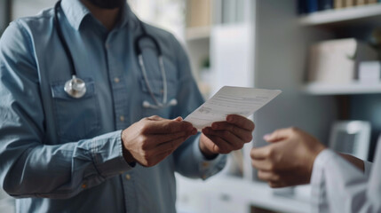 Health professional handing a patient a prescription in a clinical setting during a routine check-up