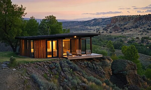 Rustic cabin situated on a rocky outcrop, showcasing a stunning view of a serene valley and distant mountain range