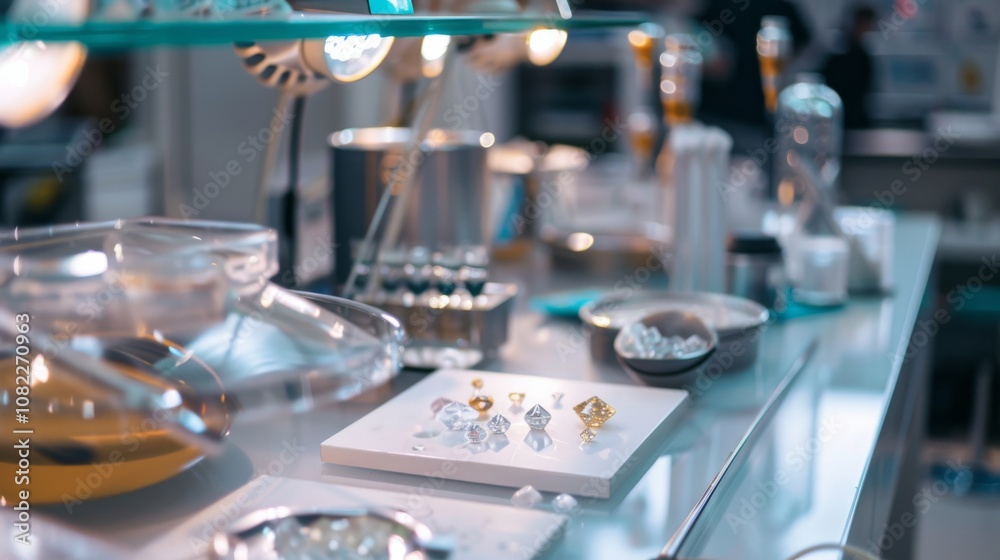 Poster a clean gemstone polishing setup in a modern workshop, gemstones and polishing tools precisely place