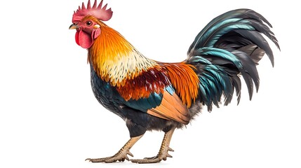 Fototapeta premium A colorful rooster with a red comb and wattles stands on a white background, looking to the left.