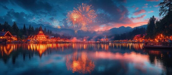 Festive fireworks display over a lake with a town lit up at night.