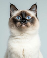 Portrait of a Siamese Cat with Striking Blue Eyes and Sleek Coat, Ideal for Cat Lovers and Breed Enthusiasts

