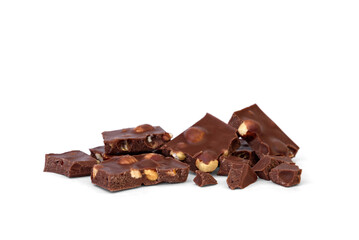 Milk chocolate with hazelnuts isolated on white background.
