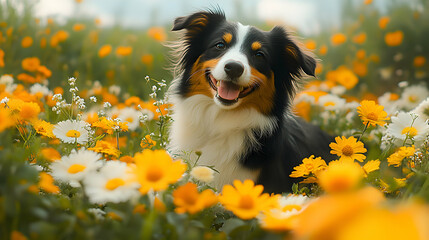 Fototapeta premium Smiling Australian Shepherd Dog Poses Amidst Vibrant Yellow and White Flowers in a Sunny Meadow