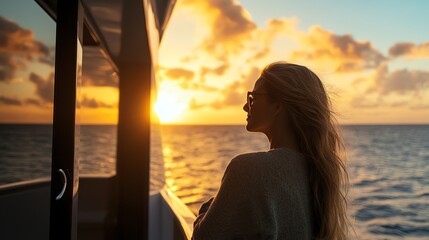 A woman with long, blonde hair stands on a boat, gazing out at a breathtaking sunset over the ocean.