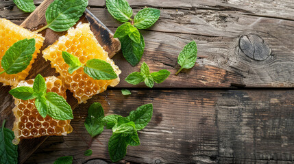 Fresh honeycomb pieces garnished with vibrant mint leaves on rustic wooden table