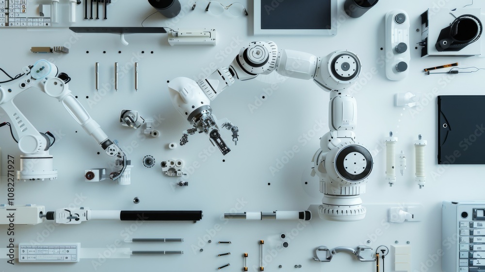 Poster A clean robotics assembly setup in a tech lab, Robot parts and tools precisely placed, Futuristic minimalist style