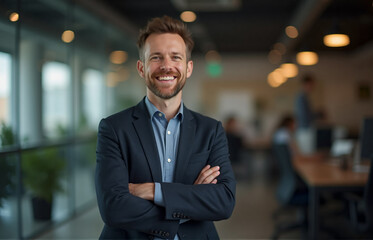 Fototapeta premium A professional shot of a man standing confidently with his arms crossed, embodying success and leadership in a startup environment