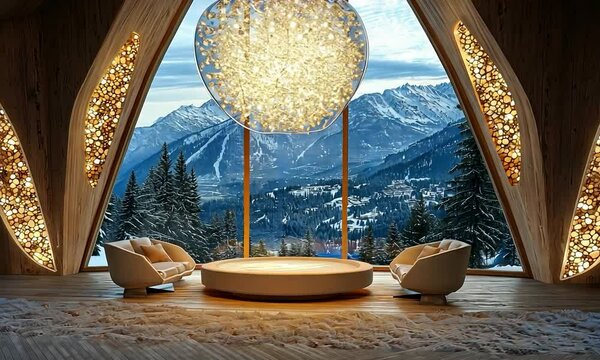 Luxurious chandelier in a villa on the edge of a volcanic crater, with an infinity pool and advanced climate control, offering a panoramic view of a lush tropical rainforest