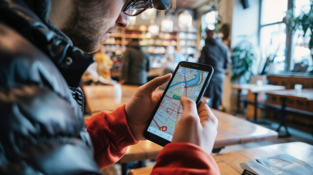 Man using a navigation app on his phone while seated at a coffee shop during the afternoon