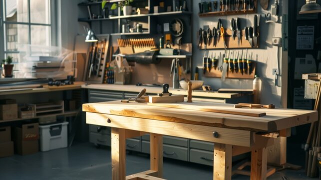 A clean woodworking bench setup in a modern workshop, Woodworking tools and projects carefully arranged, Contemporary industrial style