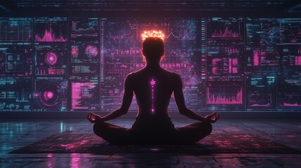 Futuristic Meditation with Data Visualization Screens. Generative AI
