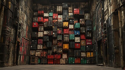 A wall of stacked shipping containers in a dimly lit industrial space.