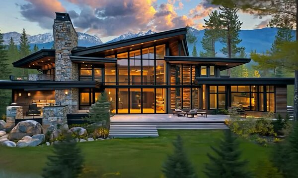 Elegant chandelier in an ultra-modern mountain home on a rocky ledge, with sleek design and smart glass panels, providing a breathtaking view of rugged peaks and a tranquil alpine lake